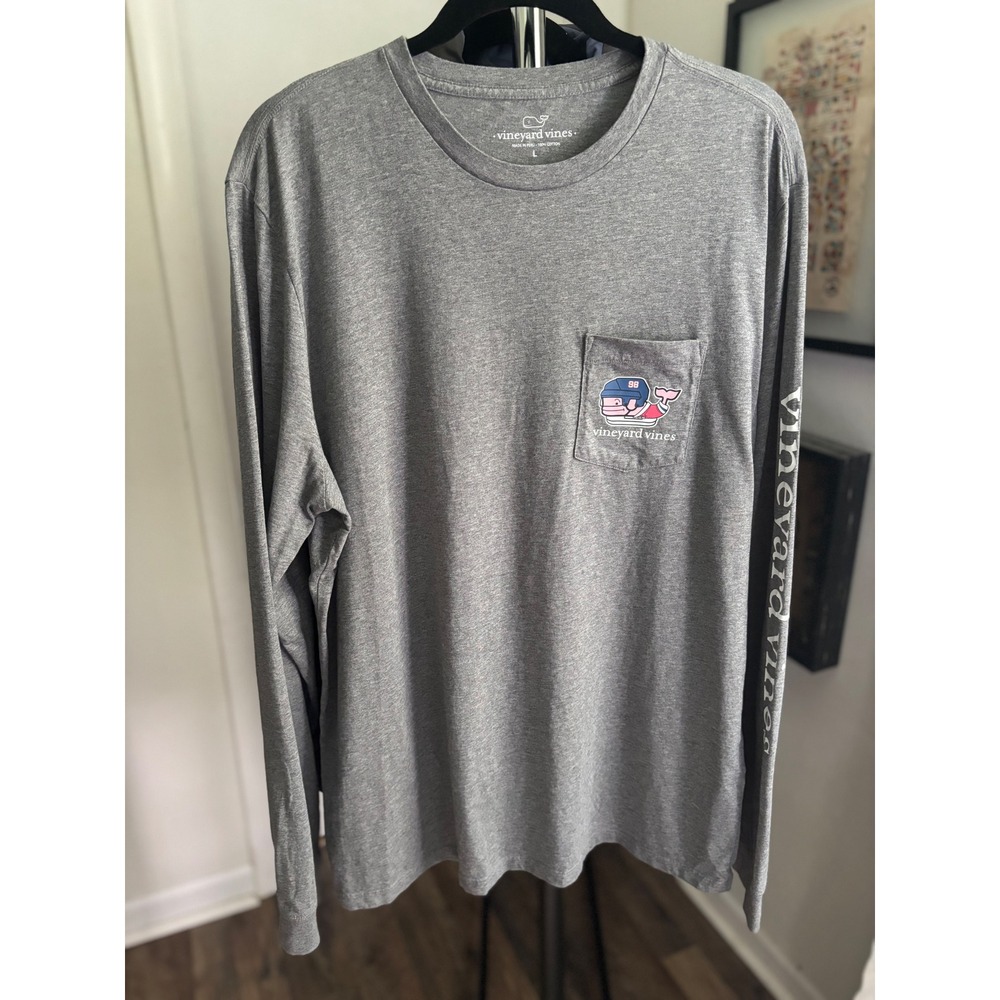 Vineyard Vines Mens Hockey Whale Long Sleeve Pocket T-Shirt Gray Large L